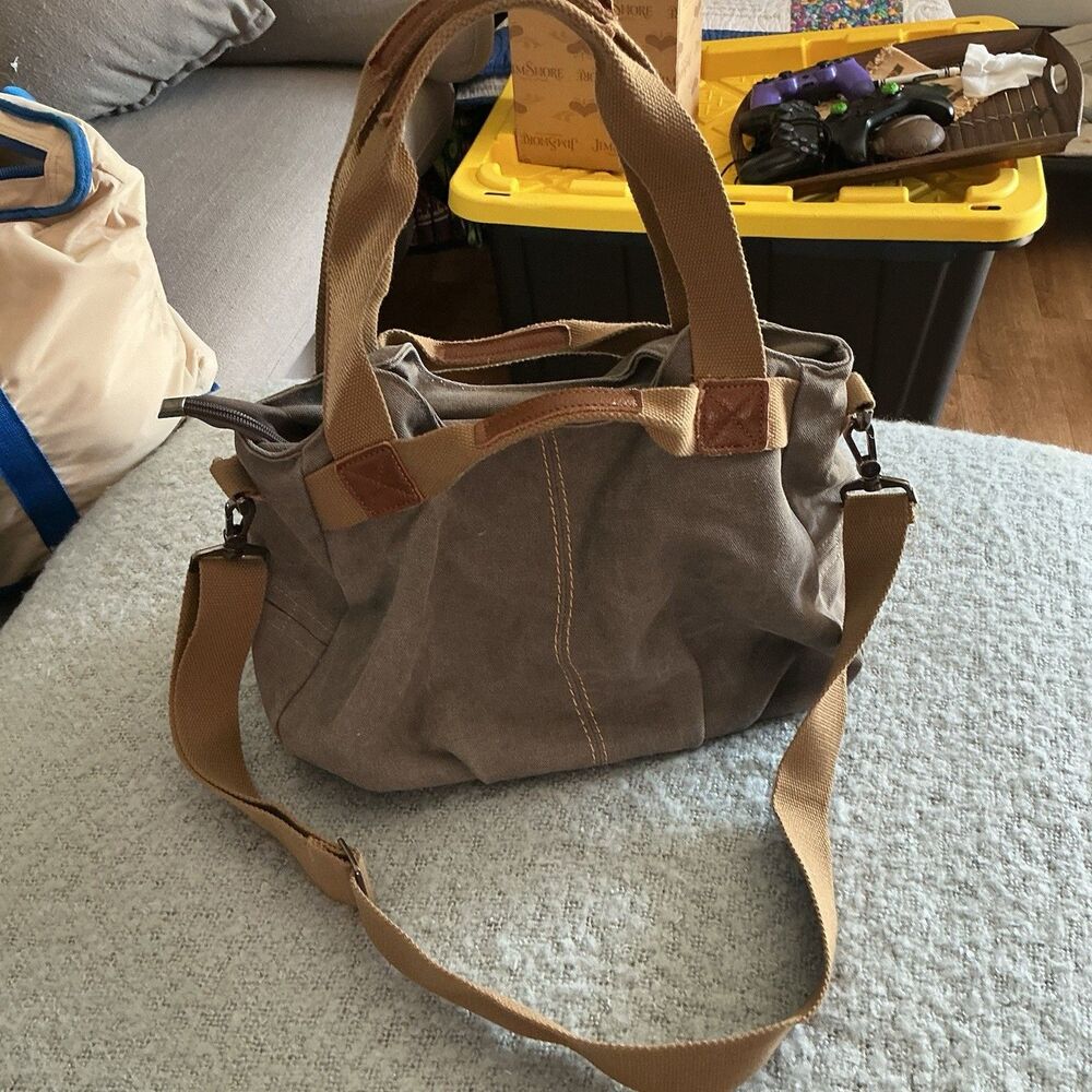 Canvas Tote Shoulder Crossbody Bag Gray Brown Leather Trim Multi Pocket